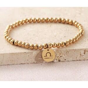 Gold Libra Zodiac Charm Beaded Stretch Bracelet Astrology Jewelry Women Gift